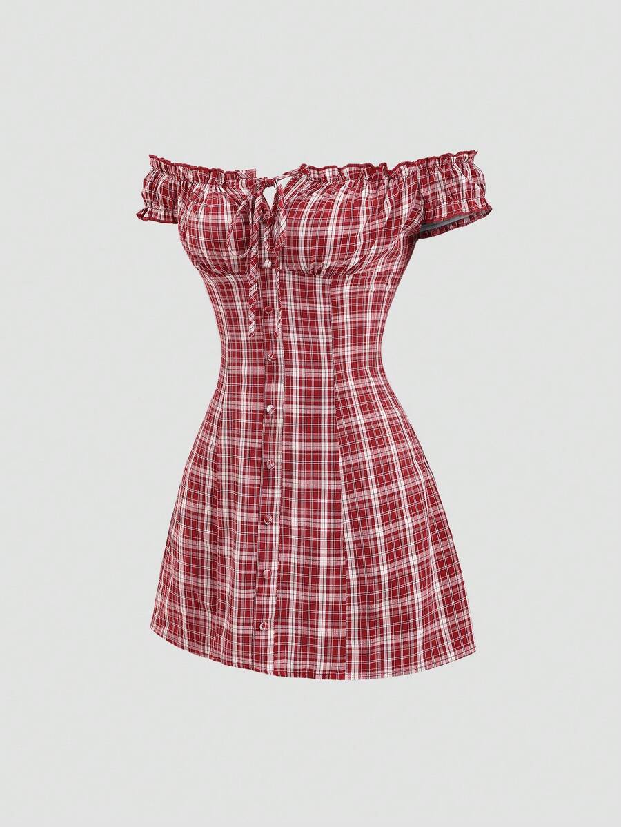 Sweetra Casual Plaid Ruffle Off-Shoulder Short Dress, Spring/Summer - Red - View 1