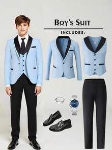 SHEIN 3pcs Gentleman Suit Set For Teenage Boys,Long Sleeve Blazer,Fitted Vest,Trousers,Summer Graduation Formal Occasion,Wedding,Prom,Hosting Event Fashion - Blue - View 2