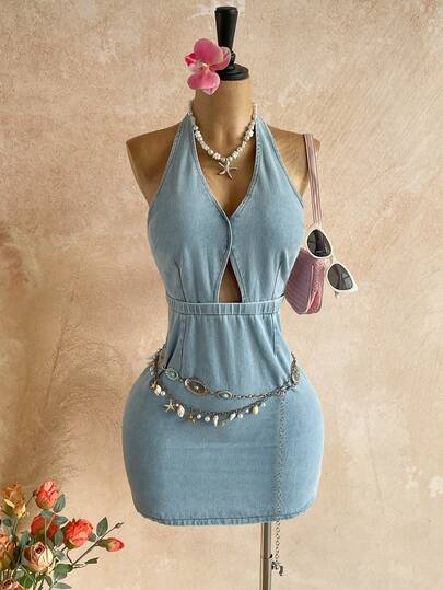 Soleia Women's V-Neck Hollow Out Design Fashion Halter Denim Dress,Women's Light Wash Denim Halter Dress  Cutout Bodycon Mini Summer Party Outfits,Women's Denim Halter Mini Dress Cutout Y2K Coquette Sexy Summer Style,Women's Elegant Denim Bodycon Dress Halter Neck Cutout Vacation Style,Women's Light Wash Denim Halter Mini Dress, Featuring A Deep V-Neck With Front Cutout, Halter Neckline With Back Button Closure,  Back Zipper Closure, Ideal For Summer Parties, Date Nights, Y2K Coquette & Beach Vacation Looks,HalterDress, CutoutDress, BodyconMini, LightWashDenim, SummerDress, Y2K, CoquetteStyle, SexyPartyOutfits