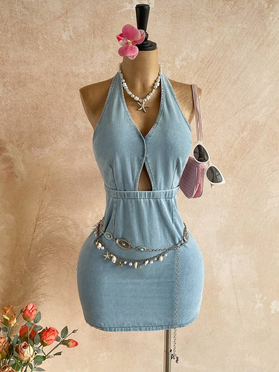Soleia Women's V-Neck Hollow Out Design Fashion Halter Denim Dress,Women's Light Wash Denim Halter Dress  Cutout Bodycon Mini Summer Party Outfits,Women's Denim Halter Mini Dress Cutout Y2K Coquette Sexy Summer Style,Women's Elegant Denim Bodycon Dress Halter Neck Cutout Vacation Style,Women's Light Wash Denim Halter Mini Dress, Featuring A Deep V-Neck With Front Cutout, Halter Neckline With Back Button Closure,  Back Zipper Closure, Ideal For Summer Parties, Date Nights, Y2K Coquette & Beach Vacation Looks,HalterDress, CutoutDress, BodyconMini, LightWashDenim, SummerDress, Y2K, CoquetteStyle, SexyPartyOutfits - Blue - View 1