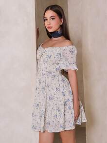 Duda Rubert Damen Sommer-Urlaubsstil blaues feines Blumen-Texturdruck Puffärmel Lässig Kurz Kleid, Frühlings-Outfits für Frauen, Sommerkleider für Frauen, Frühlings-Outfits für Frauen, Urlaubsoutfits für Frauen, Strandoutfits für Frauen, Frühlingskleider für Frauen, Osteroutfit für Frauen, Fairycore romantische Hochzeitssaison Bekleidung, Alltagskleidung, Tee-Party-Kleid, Sommerkleider für Frauen - Blau - Übersicht 3