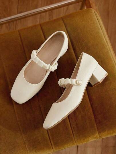 Herfst/winter Mary Jane pumps met gerimpelde details, witte parelversiering, dikke hak, puntige neus, elegante hoge hakken, Valentijnsdag, elegant, feest