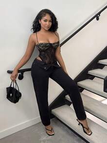 Alexandranx Bộ đồ liền thân lưới chắp vá gợi cảm cho nữ - màu đen - Xem 1