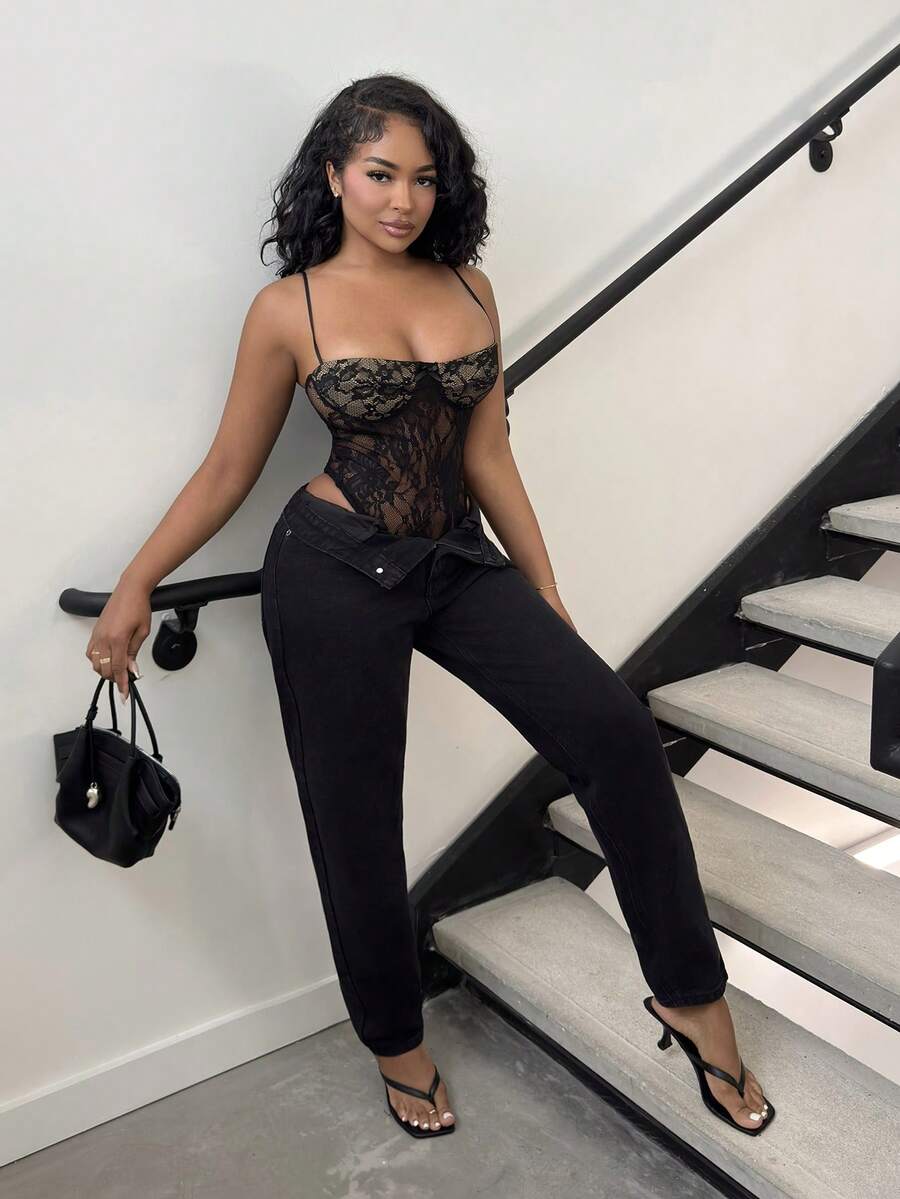 Alexandranx Bộ đồ liền thân lưới chắp vá gợi cảm cho nữ - màu đen - Xem 1