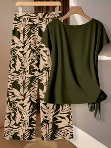 SHEIN LUNE Conjunto de 2 piezas de pantalones rectos holgados con lazo de rama y hoja de árbol color caqui, adecuado para primavera/verano, uso casual - Multicolor - Ver 2