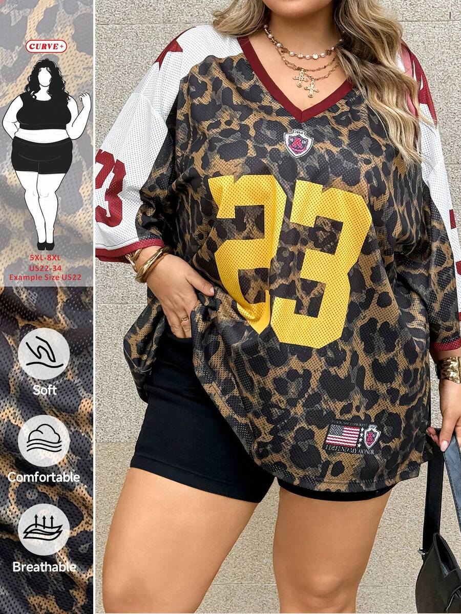 SHEIN CURVE+ 大码女式夏季复古街头风运动风数码印花大码棒球衫T恤