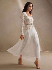 Anewsta Square Neck Long Sleeve Fitted Lace Hollow-Out Mesh Waist Tie 2 In 1 Elegant Pleated Skirt, Suitable For Valentine's Day, Vacation, New Year White - Apricot - View 4