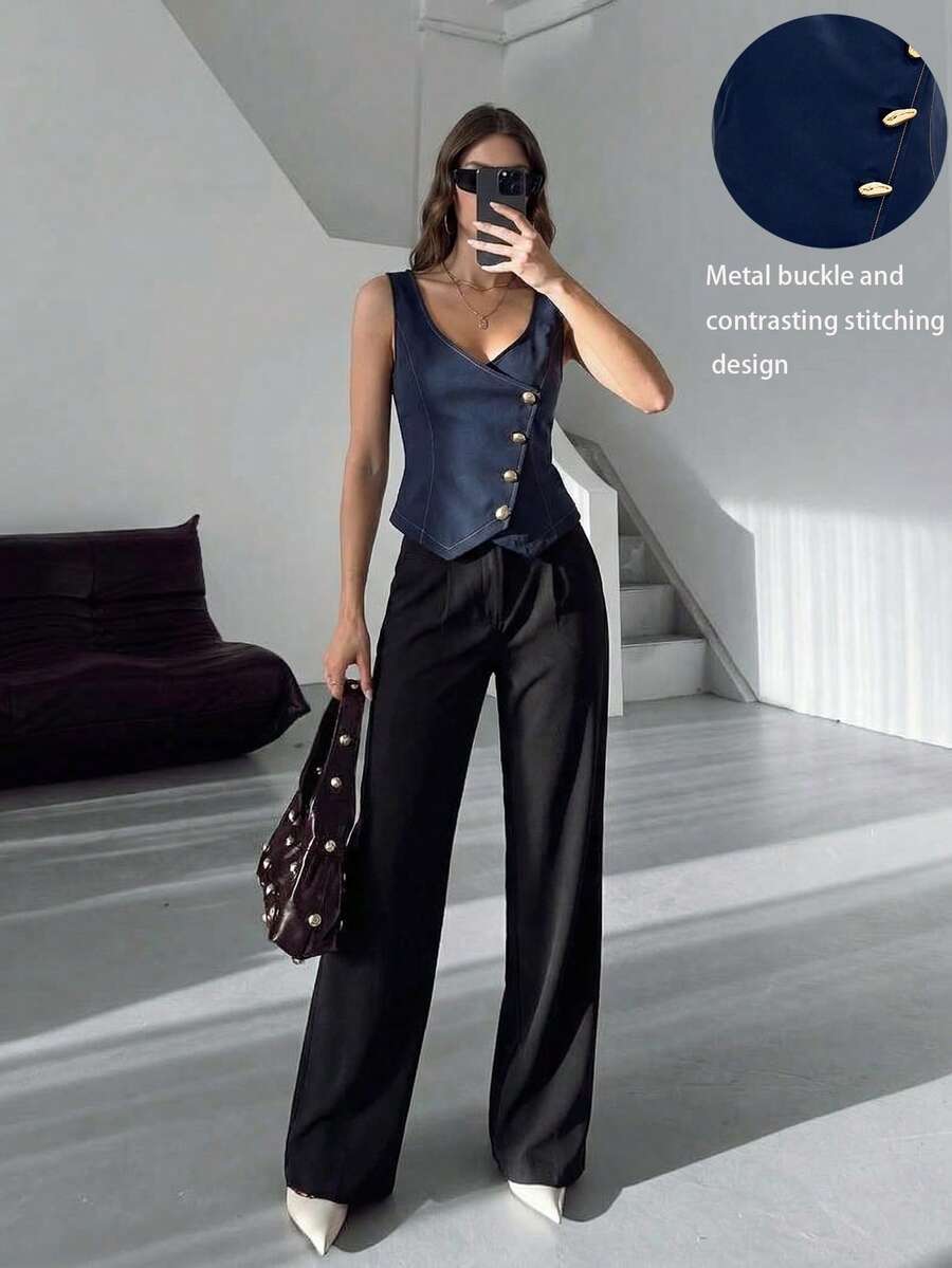 Firerie Áo nữ không tay cổ chữ V màu xanh navy, cài cúc kim loại, thắt eo, thích hợp mặc hàng ngày đi làm, trang phục mùa xuân/thu/đông, thanh lịch, công sở, thường ngày, tối giản, trang phục đi làm.