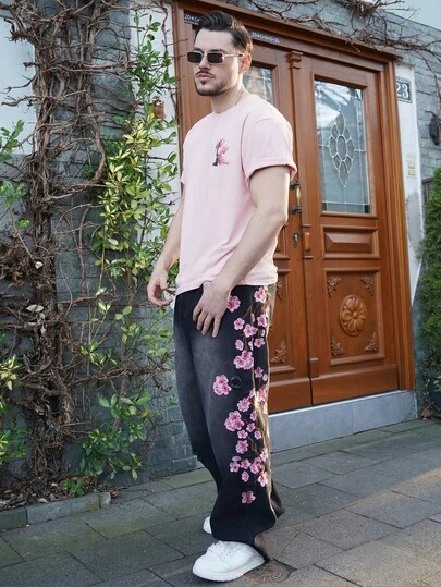 LEOGASHI LEOGASHI Men's Street Fashion Plum Blossom Embroidery Washed Wide-Leg Jeans, Grunge Flower Jeans New Vintage Valentine's Day Y2k Spring To Summer