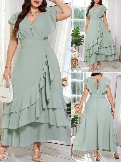 Reflora Vestido de fiesta elegante con cintura ceñida, cuello en V y volantes para mujer de talla grande