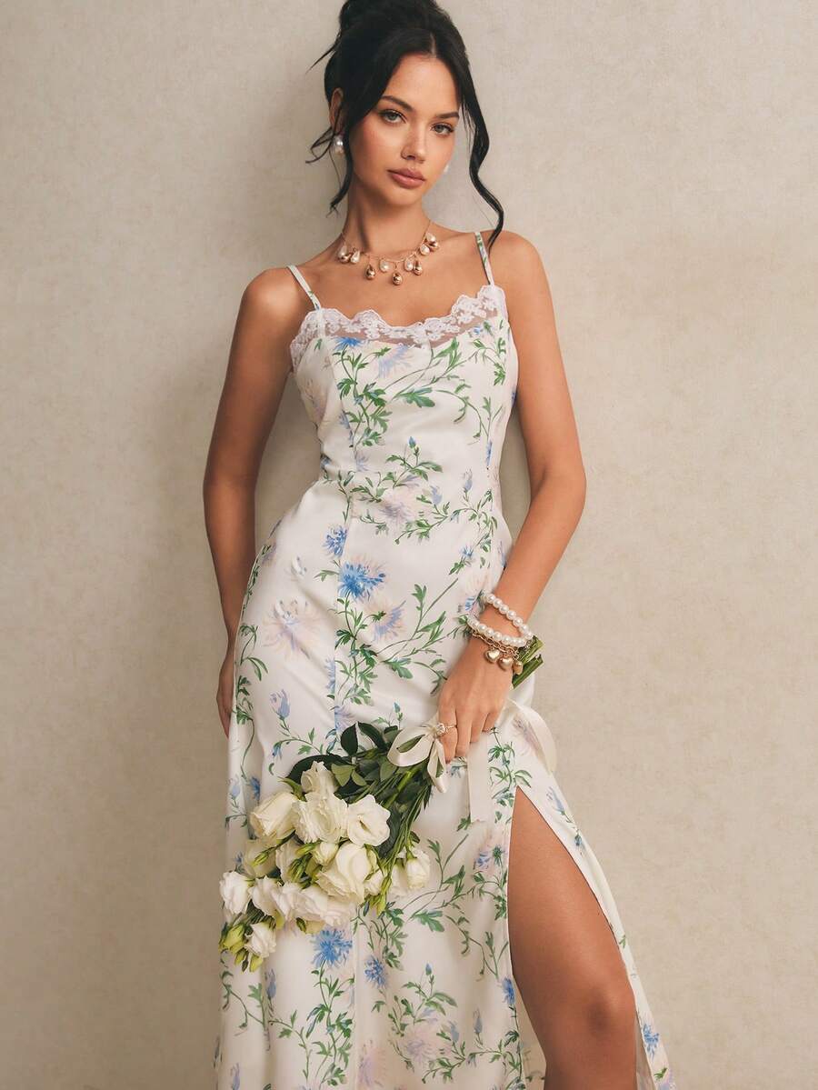 Poéselle Floral Lace Trim Midi Slip Dress For Women, Side Slit Wedding Guest Outfit, Elegant Summer Garden Party Dress,Women's Elegant Floral Print Sleeveless Dress, Summer,Summer Dresses For Women