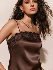 Poéselle Áo camisole nữ mùa hè kiểu dáng thường ngày, màu trơn, phối ren, vạt bất đối xứng. - Cà phê nâu - Xem 3