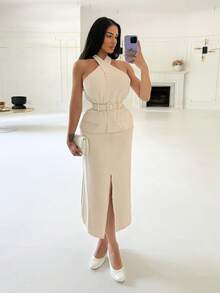 Shopreo Conjunto de top halter con espalda abierta y falda de mujer para el trabajo - Albaricoque - Ver 5