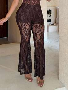 Maria Perezxox Quần ống loe cạp cao bằng ren dệt kim đi nghỉ dành cho nữ, quần xuyên thấu, phong cách thanh lịch, gợi cảm, đi chơi đêm, đi chơi, trang phục Halloween, thu đông - Cà phê nâu - Xem 5