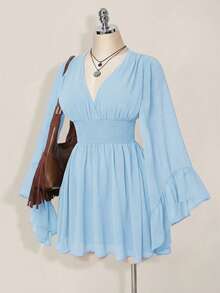 SHEIN ICON Women's Solid Color Shirred Shirred Waist Elegant Mini Dress, Suitable For Dates And Parties - Baby Blue - View 8