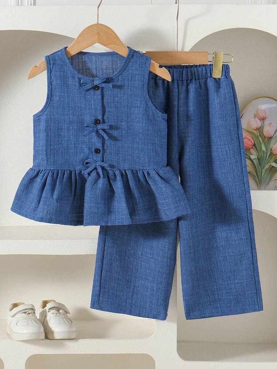2pcs/Set Girls Toddler Summer Family Matching Outfit,Single-Breasted Bow Ruffle Hem Camisole Shirt And Pants,Minimalist Kids Linen Clothing Set - Blue - View 1