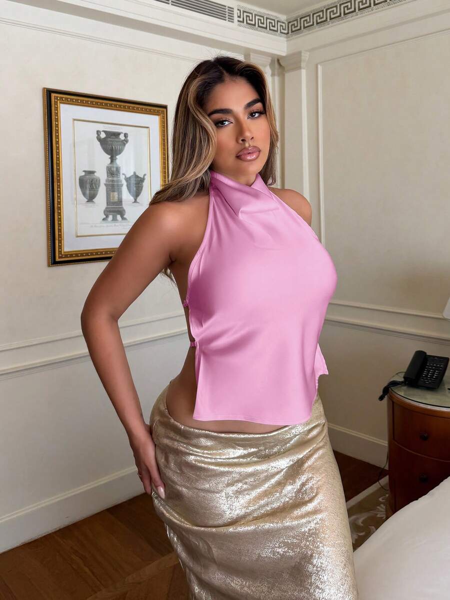 Maria Perezxox 杏色露背垂褶领女士吊带背心，性感优雅的春夏款吊带衫 - 淺粉色 - 查看 1