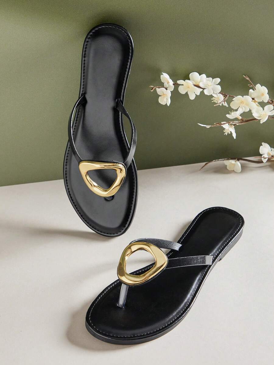 SHUZIA 女士舒适金属装饰平底拖鞋 - 黑色 - 查看 1