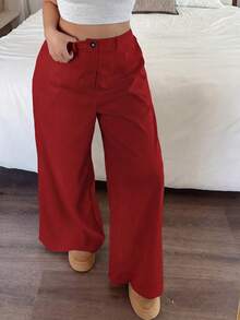 SHEIN PETITE CURVE Pantalones sólidos, casuales, holgados y cómodos - Rojo - Ver 3