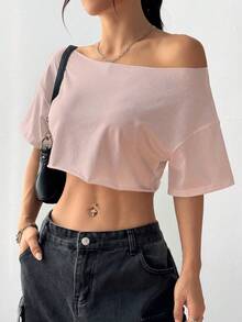 SHEIN Unity Camiseta de manga corta blanca de mujer con hombros descubiertos, recortada, con dobladillo deshilachado, oversize, versátil, de estilo Y2K, de moda y sexy, para primavera/verano - Rosa Pálido - Ver 3