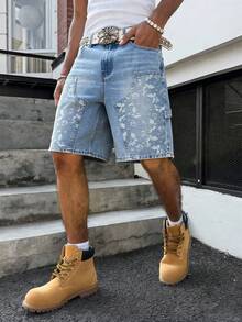 Manfinity EMRG Men's Hip Hop Streetwear Patchwork Design Washed Blue Denim Cargo Shorts - Light Wash - View 1