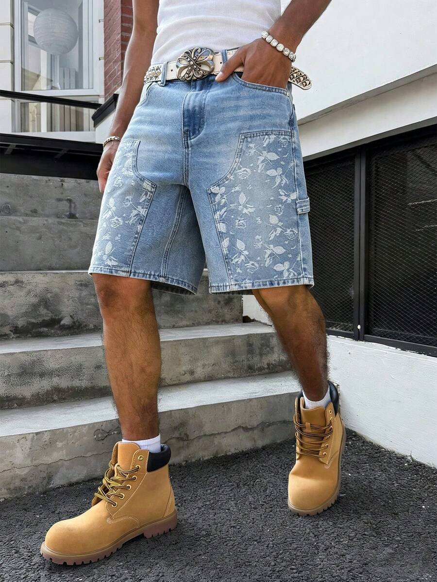 Manfinity EMRG Men's Hip Hop Streetwear Patchwork Design Washed Blue Denim Cargo Shorts - Light Wash - View 1