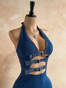 Soleia 女士性感度假风搭扣镂空露背修身牛仔连衣裙 - 藍色 - 查看 6