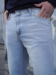 LEOGASHI LEOGASHI 男士 Y2K 直筒休闲水洗牛仔裤，简约黑色牛仔裤 - 淺色水洗藍 - 查看 3