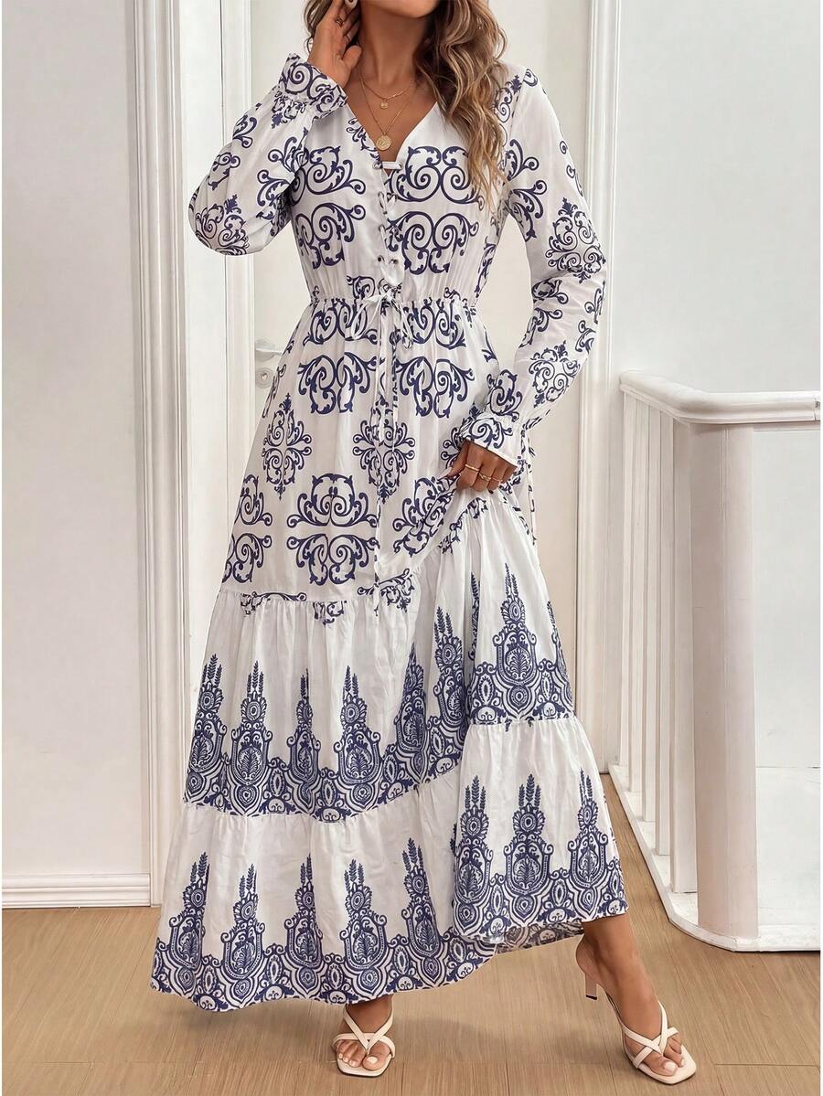 Breezaya Front Lace Up Long Sleeve Pleated All-Over Print Maxi Casual Dress For New Year Clothes - Blue - View 1