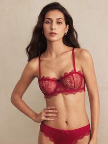 Charlaine Women's Solid Color Lace Patchwork Sheer Sexy Lingerie Bra - Burgundy - View 5