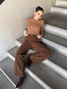 Marta Soriano All-Match Round Neck Casual Versatile Long Sleeve Knit Sweater For Women Brown Long Sleeve Top Brown Tops For Women Coffee Brown Top Brown Blouses Earthy Tops - Camel - View 5