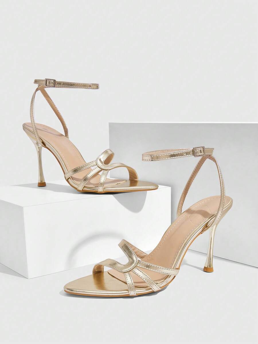 CUCCOO SZL Giày nữ mũi nhọn gót mỏng màu vàng sọc mỏng quai ngang mắt cá chân thời trang đơn giản gợi cảm dự tiệc, hộp đêm, giày cao gót hở mũi dành cho nữ. - Vàng - Xem 1