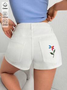 SHEIN 低腰舒适纯棉白色花朵刺绣牛仔短裤 - 白色 - 查看 1