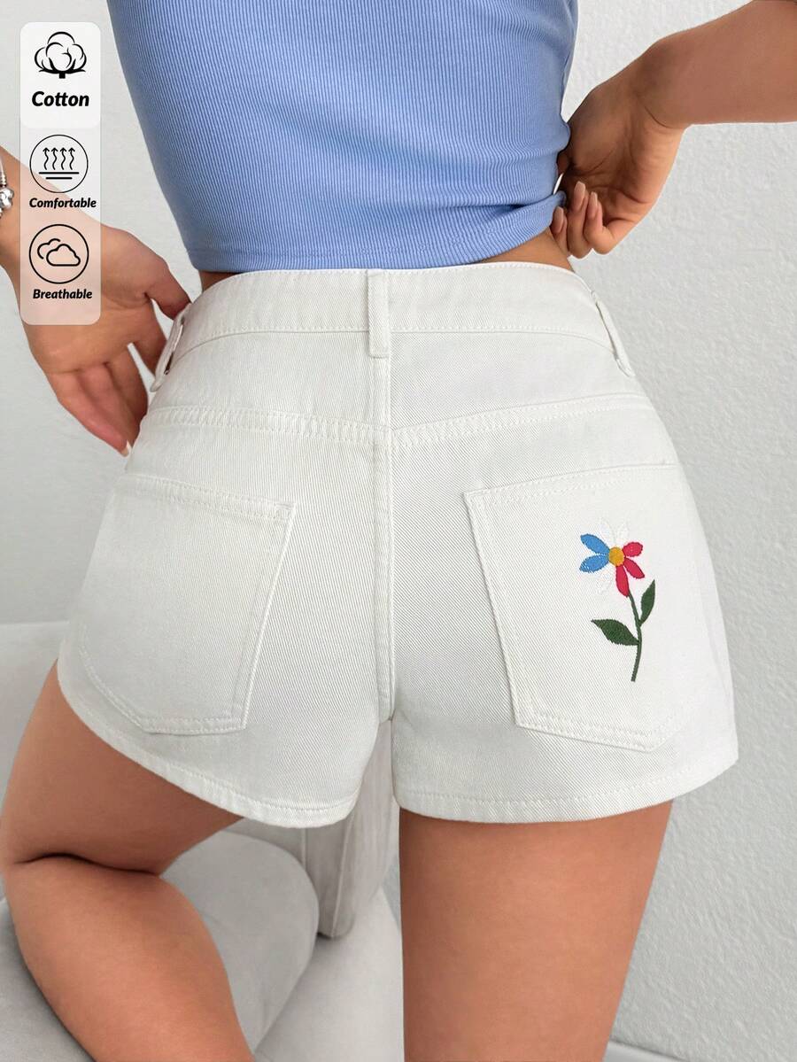SHEIN 低腰舒适纯棉白色花朵刺绣牛仔短裤 - 白色 - 查看 1