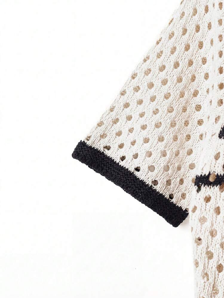 Qadelle Áo khoác cardigan dệt kim tay ngắn cài một hàng khuy, phối màu tương phản dành cho nữ - Màu be - Xem 3