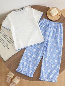 SHEIN 2pcs/Set Toddler Girls' Casual Ribbed Contrast Color Top,Digital Floral Print Plaid Pants,Summer Family Matching Kids Outfits Young Girls Clothing Set - White - View 2