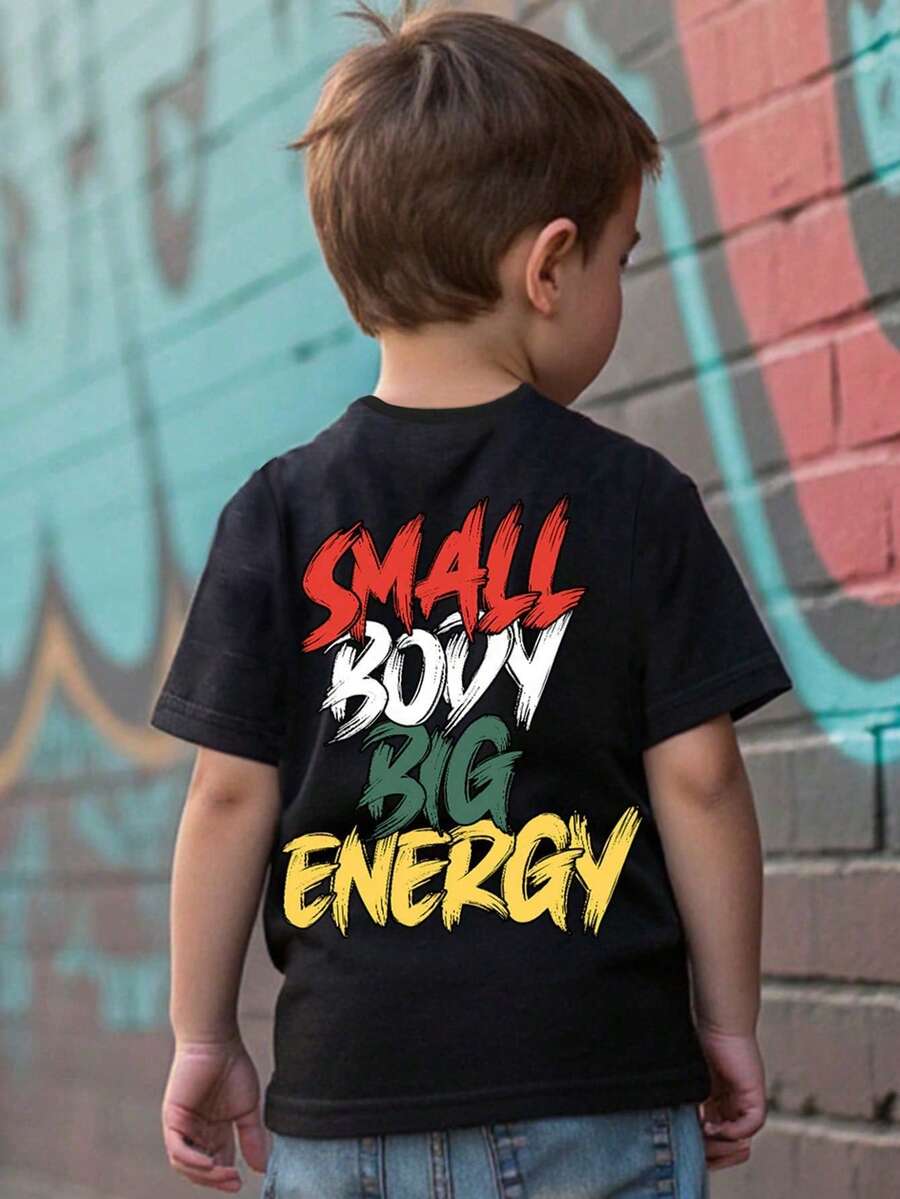 SHEIN Small Body Big Energy, Young Boys Casual Simple Round Neck T-Shirt, Suitable For Summer - Black - View 1