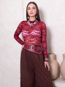 Duda Rubert 女士简约百搭蕾丝紧身衣，适合节日聚会穿着 - 酒紅色 - 查看 4