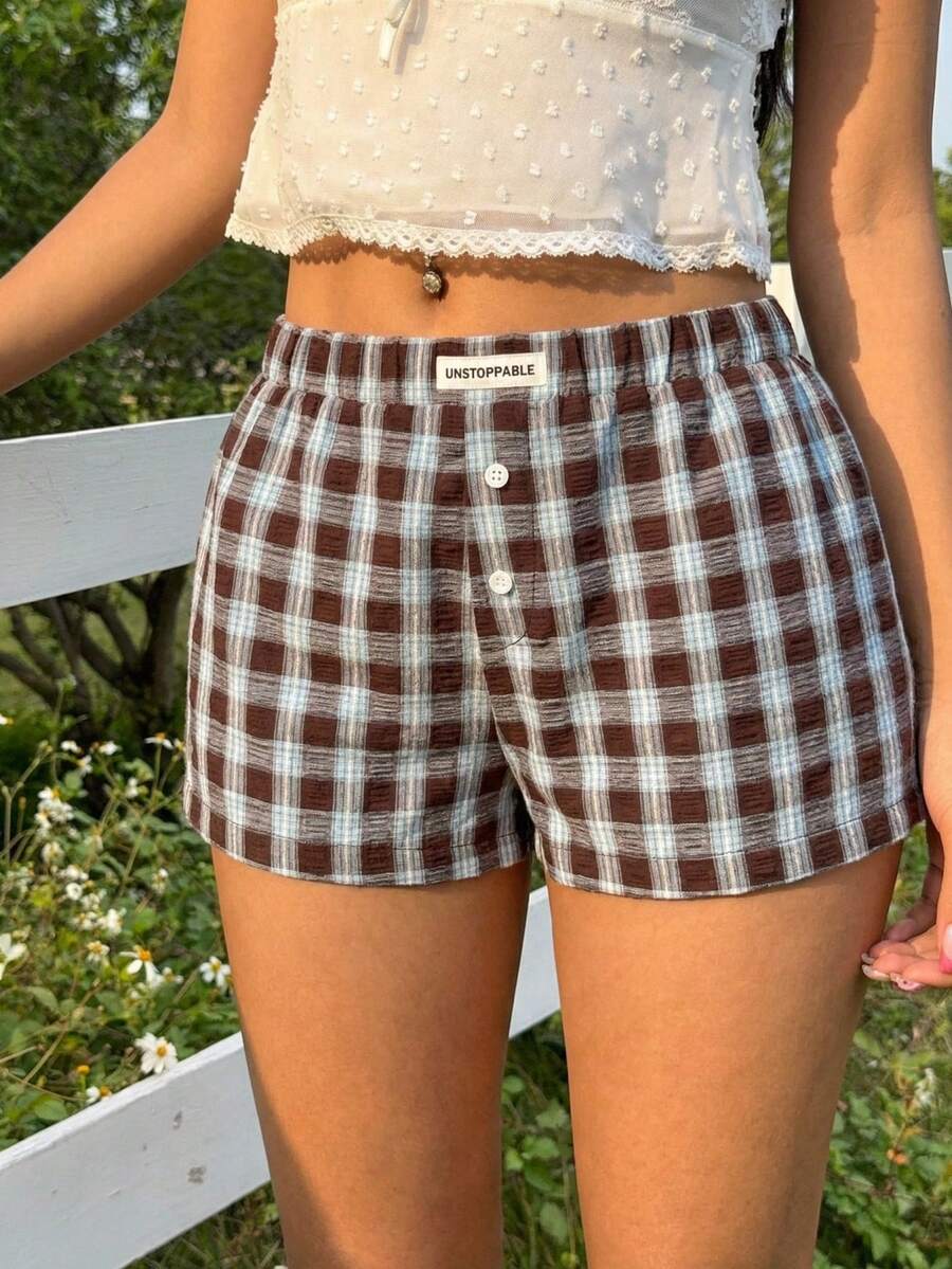 CovetEZ Quần short nữ kẻ caro cài nút dáng rộng thoải mái, bộ đồ đi nghỉ mát cho nữ, quần short kẻ caro mùa hè cho nữ, quần short nữ mùa hè, quần short nữ thường ngày. - Màu xanh lam - Xem 1