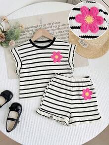 LMoss Kids 2pcs/Set Young Girl Striped Knit Crew Neck T-Shirt And Shorts - Black and White - View 1