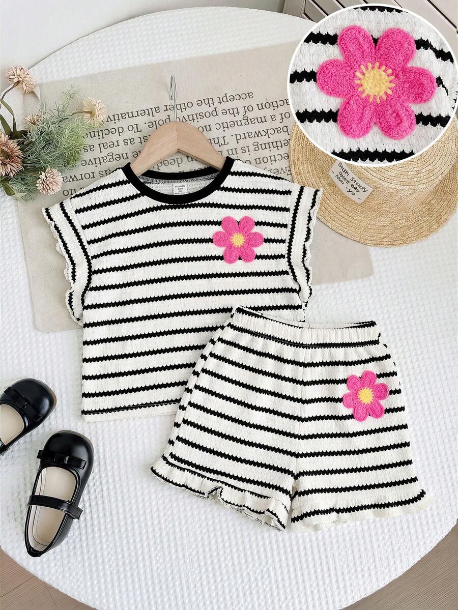 LMoss Kids 2pcs/Set Young Girl Striped Knit Crew Neck T-Shirt And Shorts - Black and White - View 1