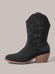 Styleloop Women's White Western Boots, Pointed Toe Chunky Heel V-Cut Leather Boots, Low Heel Embroidered Knee-High Boots And Ankle Boots - Black + cloth - View 3