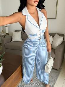 Vavine 优雅商务休闲女装套装，包括：斜纹软呢翻领修身性感金属纽扣背心、条纹拼接仿口袋领无袖衬衫和直筒条纹长款休闲裤两件套。 - 藍色 - 查看 6