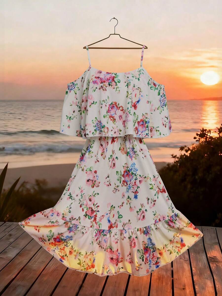 Franclia 优雅印花荷叶边吊带连衣裙，春夏款 - 彩色 - 查看 1