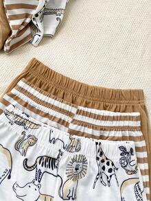 Playful Pals 6pcs/Set Newborn Baby Boy Basic Round Neck Elastic Waist Cute Animal Print & Striped Short Sleeve T-Shirt And Shorts Set, Summer - Khaki - View 4