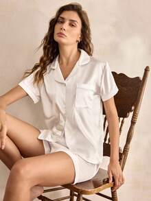 Charlaine 缎面翻领1件上衣和1件短裤睡衣套装白色套装 - 白色 - 查看 6