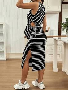 SHEIN 孕妇夏季休闲条纹侧开衩无袖连衣裙 - 黑色 - 查看 2