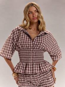 SHEIN BAE Plaid Lapel Loose Short Sleeve Drawstring Waist Button Up Top, Suitable For Summer Break, Beach Holiday Vacation, Cottage Core Boho Boho Chic, Y2K, Vacation, Work Vacation, Casual, Festivals, Outdoor, Italian Island And Other Occasions, Elegant Versatile Ruched Waist Blouse,Casual Blouses For Women,Work Outfits For Women Latest Tops For Women New Arrivals Blouses Babydoll Plaid Babydoll Top Business Casual Women Tops Campus Style Daily Wear Casual Vacation, Top Holiday Brown And White Plaid - Coffee Brown - View 7