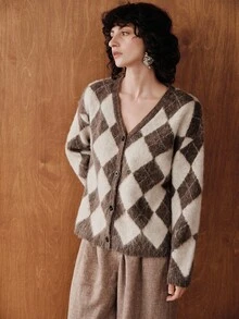 Uhlyne Áo khoác len cardigan dài tay kẻ caro phối màu thời trang nữ - Màu be - Xem 3