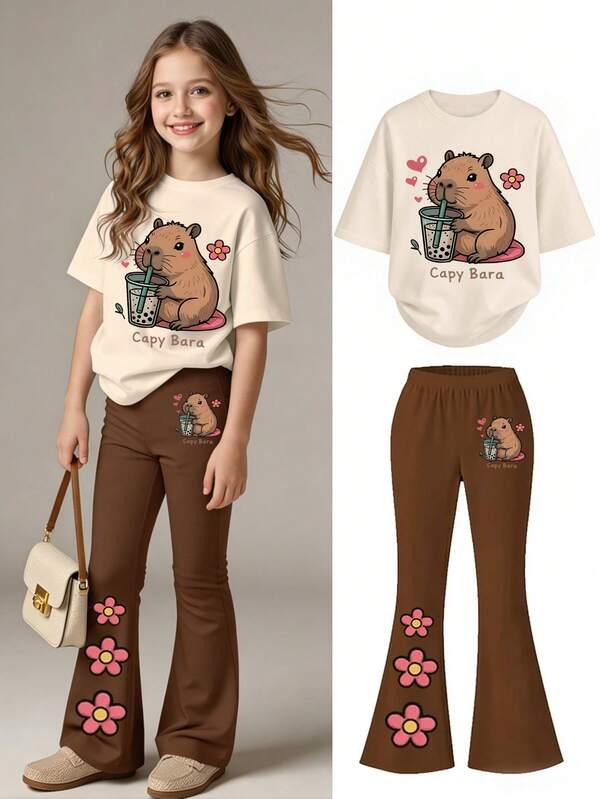 Set de 2 piezas de camiseta y pantalones acampanados de moda casual para niñas preadolescentes, con estampado de una rata de agua bebiendo boba tea, estampado de corazón y flor, pantalones largos con estampado de letras y camiseta de manga corta, tela elástica y suave, diseño de dibujos animados lindos, estilo de pantalones acampanados, adecuado para primavera/verano/otoño, ropa de 2 piezas para niñas de 11 años para la escuela, al aire libre, casual, fiesta, regalo